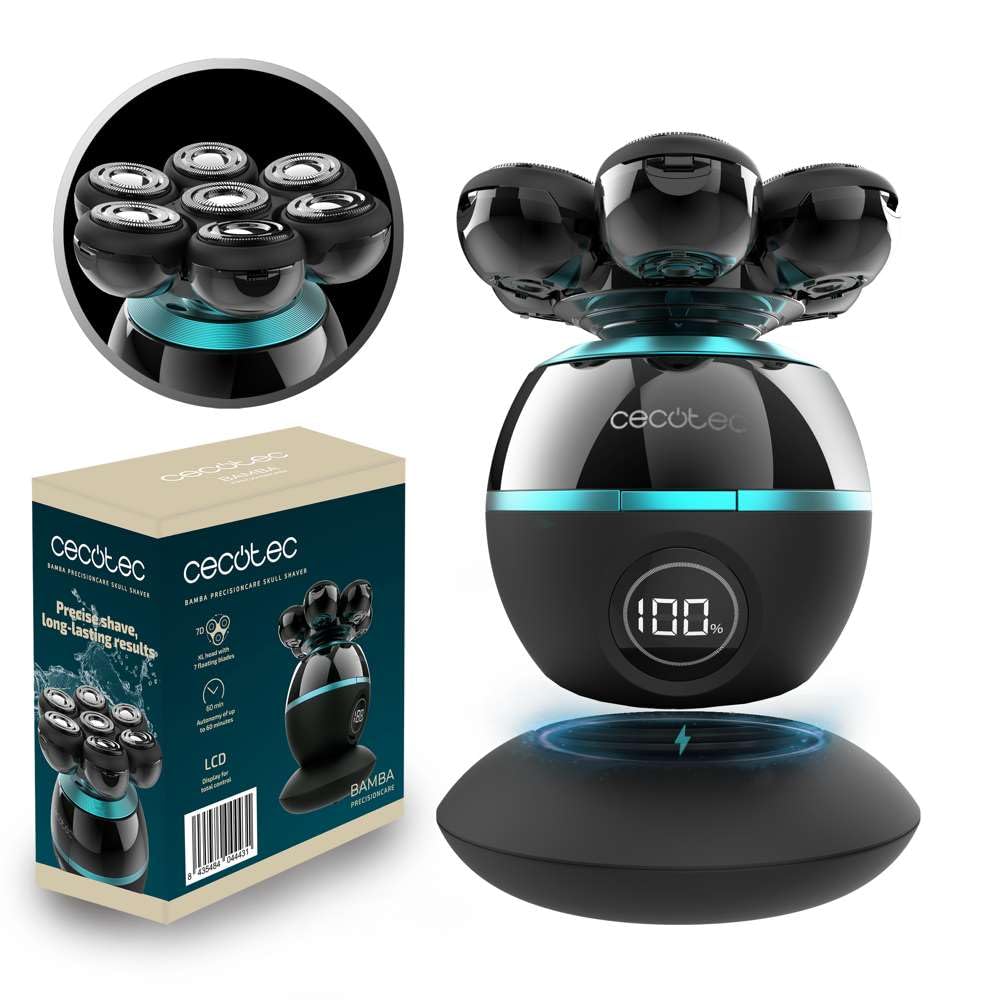 Cecotec Afeitadora de Cabeza Inalámbrica Bamba PrecisionCare Skull. Cabezal Extragrande con 7 Cuchillas flotantes, Autonomía 60 Mins, Pantalla y Base de Carga, Resistencia al Agua IPX6