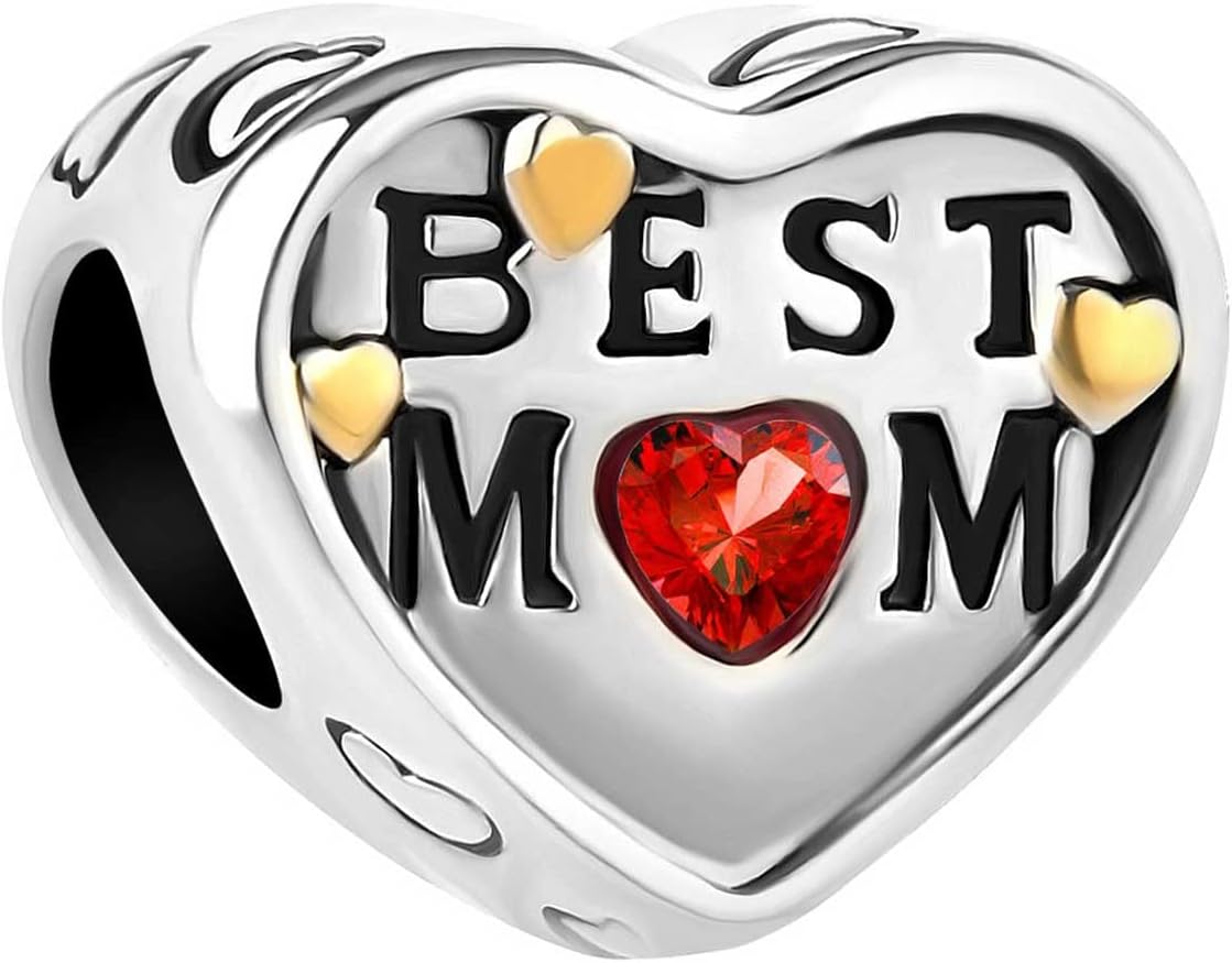 KunBeadWomen Love Heart Best Mom Crystal Bead Charms Compatible with Pandora Charm Bracelets Gift for Mothers Day