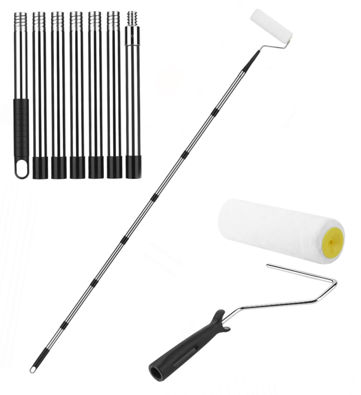 Paint Roller Extension Pole, 83 Inch Stainless Steel Telescopic Pole with Paint Roller Brush, Extendable Roller Pole for Wall Ceiling Painting and Household Cleaning Tools