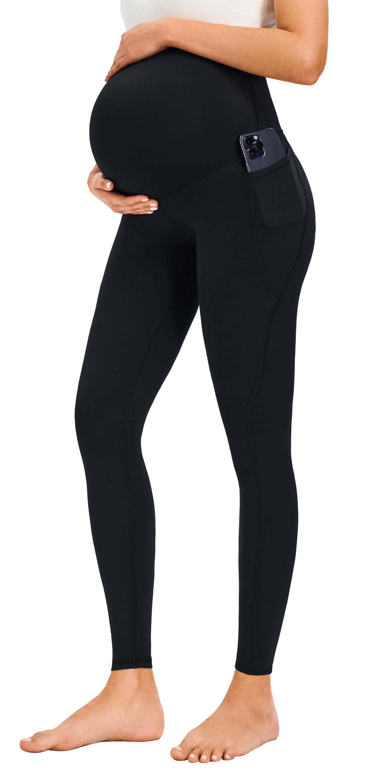 Maternity Leggings Over The Belly Non-See-Through Stretchy Workout Maternity Pants with Pockets, Black, Medium