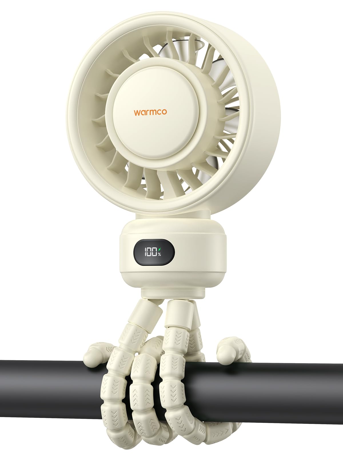 Warmco Portable Pram Fan, 4000mAh Rechargeable Clip On Fan (Up to 15H), 4 Speeds, LED Battery Display, Quiet Operation, Detachable Cover, for Stroller, Car Seat, Crib & Treadmill (White)