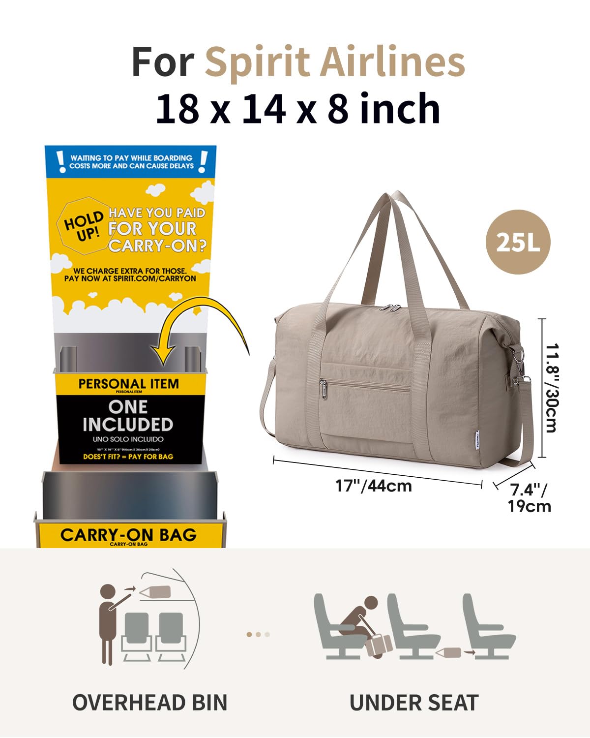 Narwey Travel Duffle Bag for Women, Lightweight Weekender Sports Gym Tote Bags for Women, Personal Item Travel Bag Airplane, Foldable Overnight Hospital Shoulder Bag for Women Travelling 25L (Khaki) — view 2