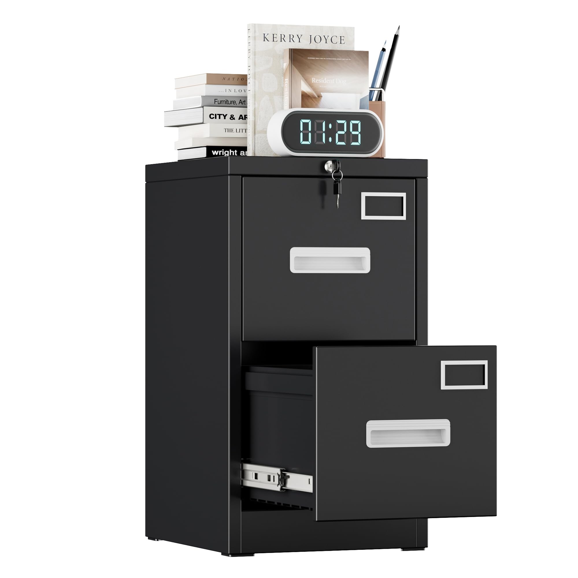 FlairVibe 2 Drawers Filing Cabinets Metal, Lockable Vertical File Cabinet for A4 Size, Anti-tipping File Drawer Storage Cabinets with Cue Card Slot for Home Office,Black