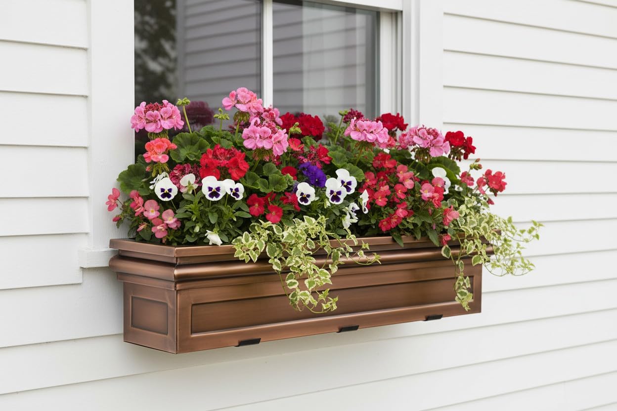 H Potter 36” Copper Finish Window Box Planter with Brackets, Stainless Steel Metal Outdoor Flower Box for Windows, Deck & Balcony, Flat Back Design