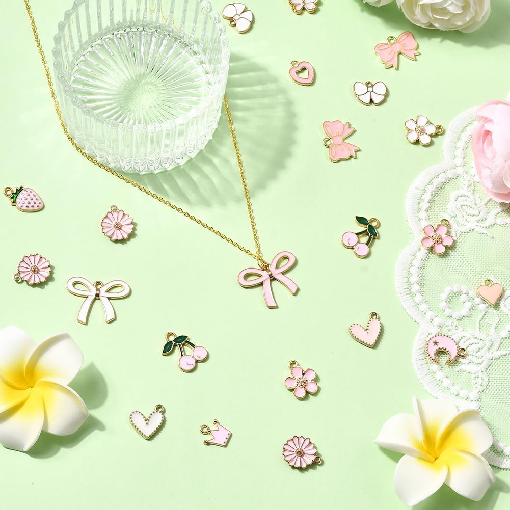 SUNNYCLUE 1 Box 80Pcs 20 Styles Assorted Pink Charms Metal Enamel Charms Bulk Alloy Coquette Bowknot Flower Heart Butterfly Crown Moon Star Pendants for Jewelry Making Bracelets Earrings DIY Crafts - Image 5