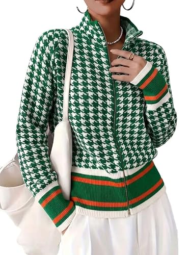 Image of CHARTOU Women Zip Up Houndstooth Knit Cardigan High Collar Crop Fall Sweater Jacket (X-Large, Green)