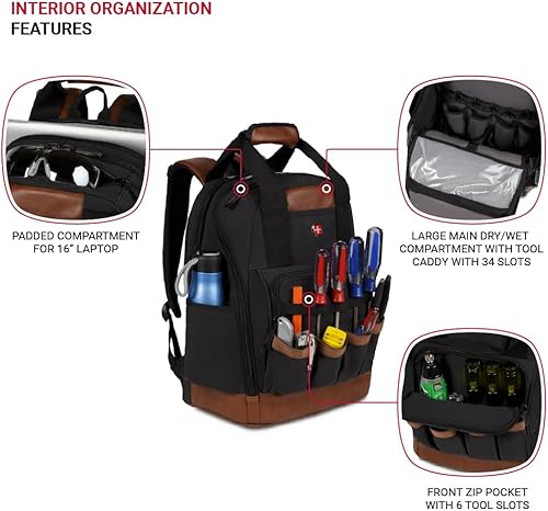 Miniatura 4 de SwissGear Mochila para herramientas, se adapta a portátiles de hasta 15 pulgadas, paquete de trabajo, lona negromarrón, Negromarrón lona, Paquete de