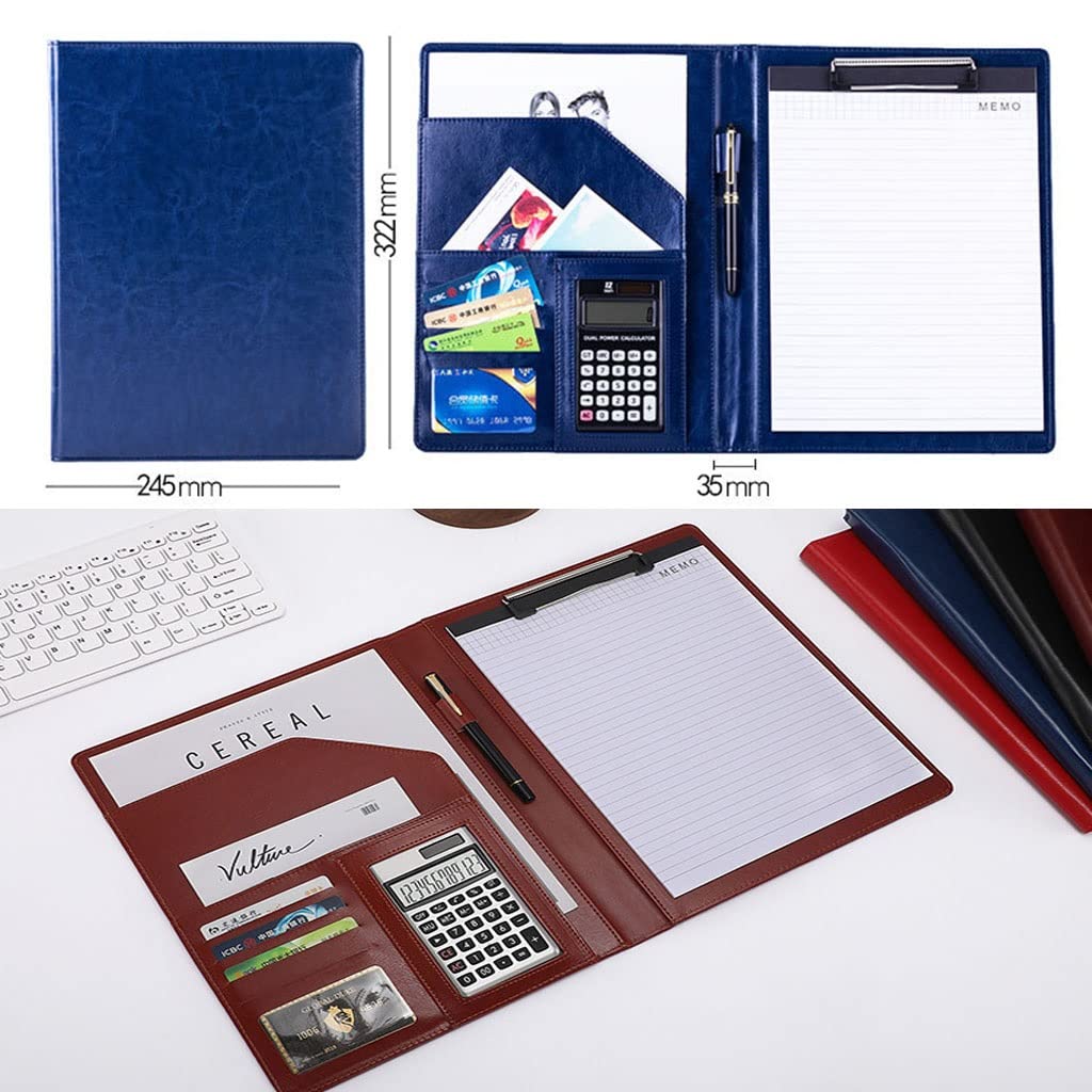 Cartella per appunti A4 Cartella per conferenze, Porta documenti ad anello, tasca multipla e blocco note for interviste e riunioni di organizzatori aziendali(Brown,12digit calculator)
