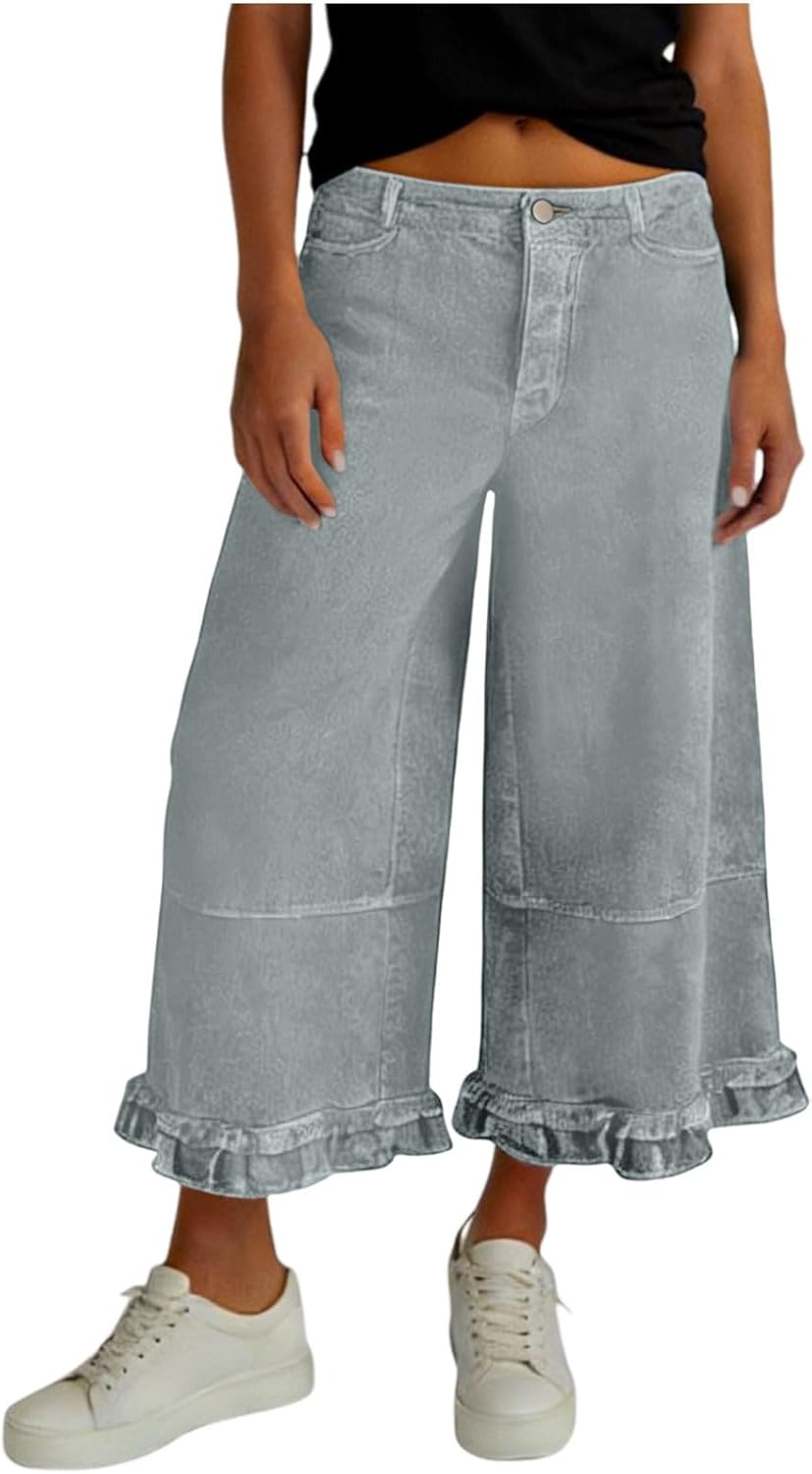 Women's High Waist Wide Leg Cropped Jeans Ruffle Hem Denim Pants with Pockets Boho Summer Casual Vacation Pants