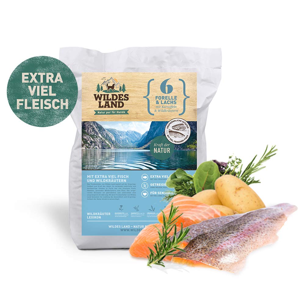 WILDES LAND – Lachs | Trockenfutter mit extra hohem Fleischanteil und natürlichen Zutaten für ausgewachsene Hunde. Alleinfutter ohne Zusatzstoffe im Beutel | 12kg Lachs