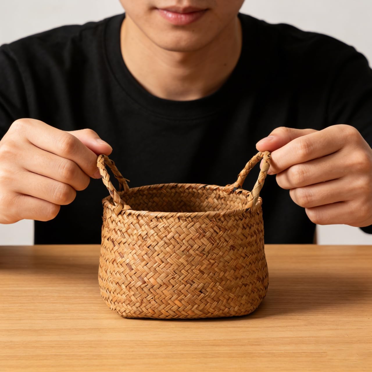 DOITOOL Japanese Style Woven Storage Basket with Handles 7.67X6.49X6.29In Multifunctional Organizer for Makeup Cosmetics Desktop Flowers and Sundries