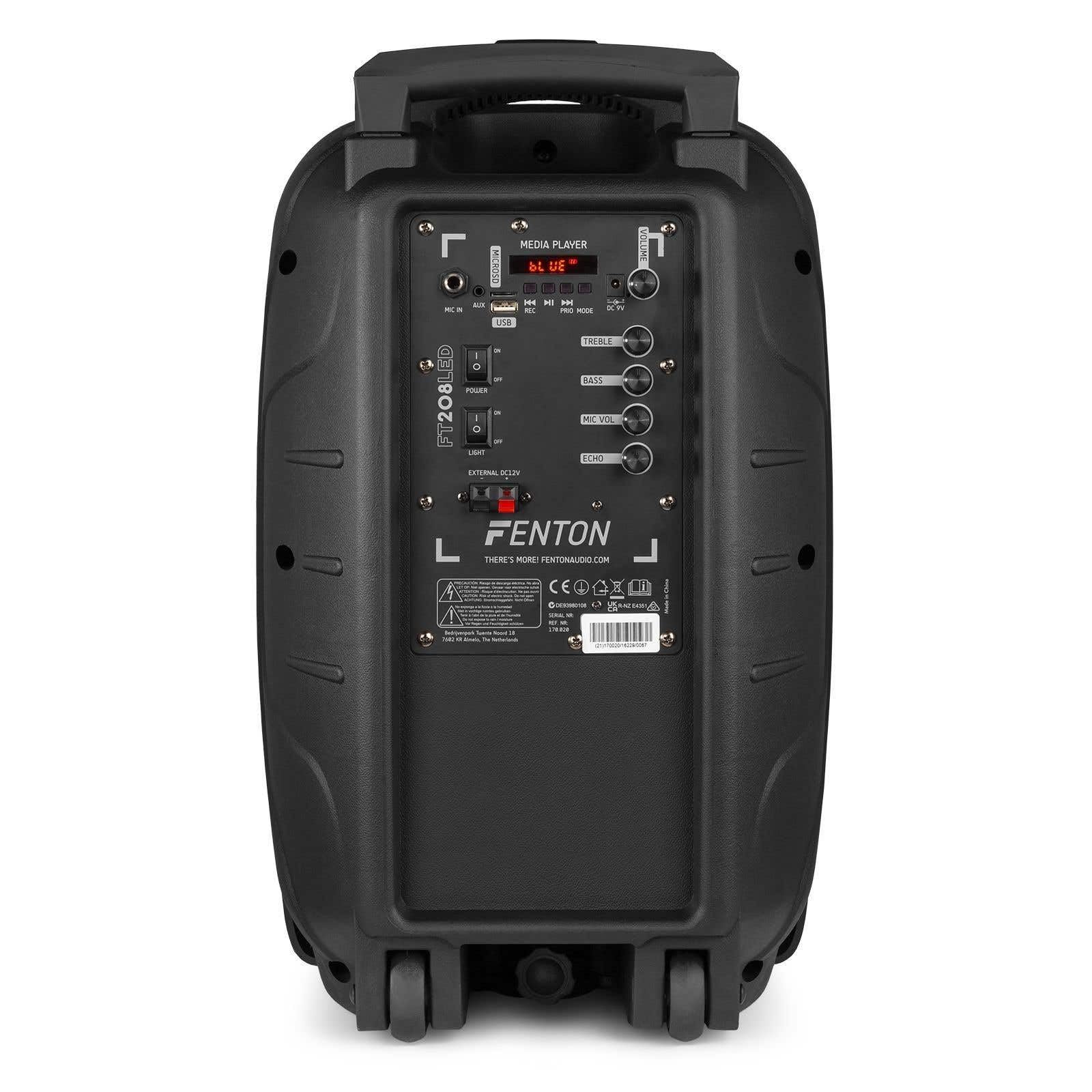 Fenton FT208LED Enceinte Sono Portable Bluetooth avec Batterie 2X 8, Puissance 500W, Enceinte Portable avec roulettes, USB, SD, AUX, Micro Filaire, Eclairage LED, Idéal pour Soirées et Animations