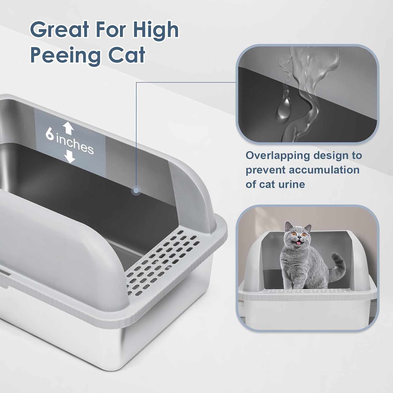 2 Pack XL Stainless Steel Litter Box Enclosure with Lid, Stainless Steel Cat Litter Pan for Big Cats, Large Metal Litter Box with Anti-Leakage High Wall, Non-Sticky Easy Cleaning Cat Litter Tray