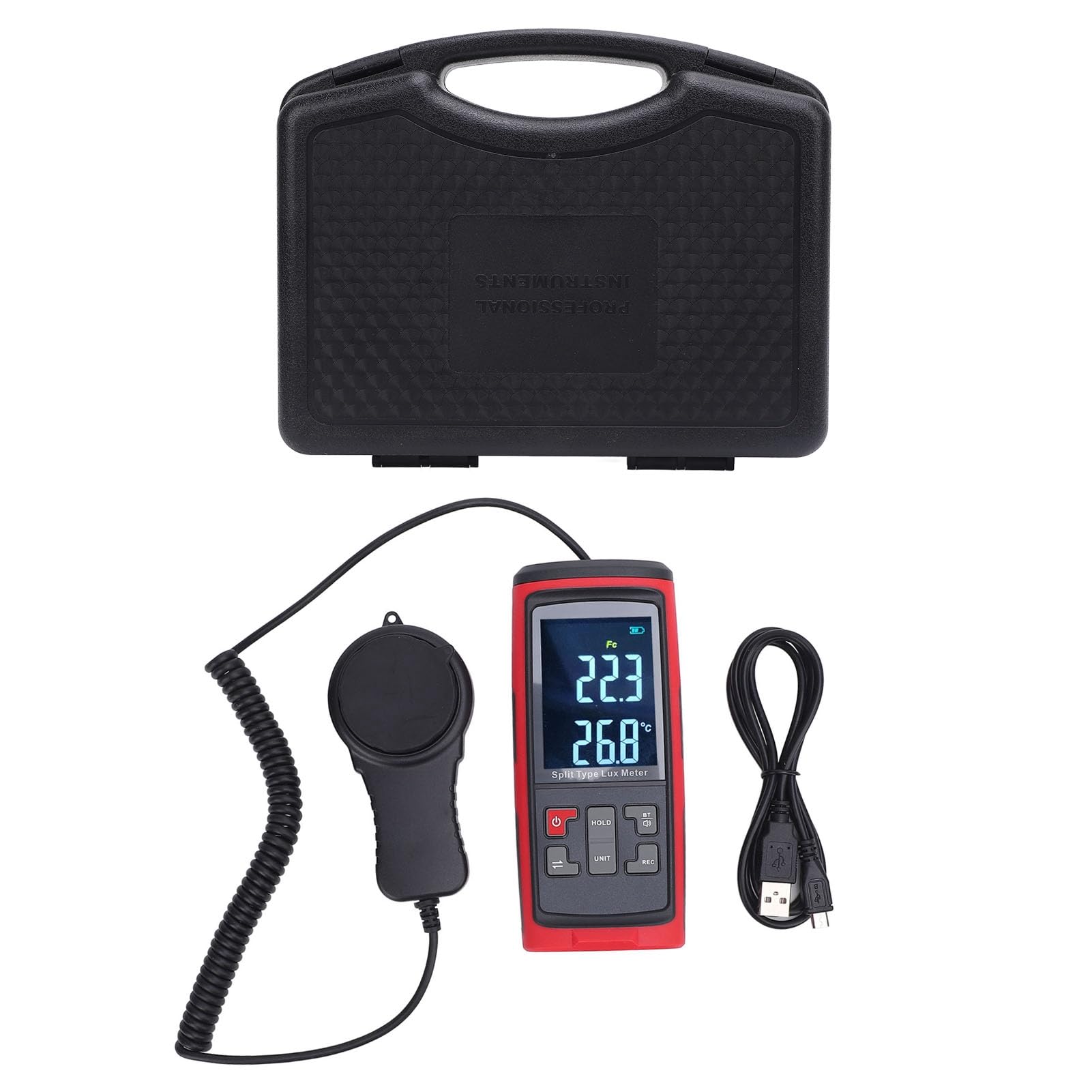 Medidor de iluminancia Digital Probador de Flujo Luminoso de Mano - Rango de 0 a 200000 Lux y Detector de Brillo de luz de precisión de 0,01 LX con Sensor Giratorio de 270 Grados