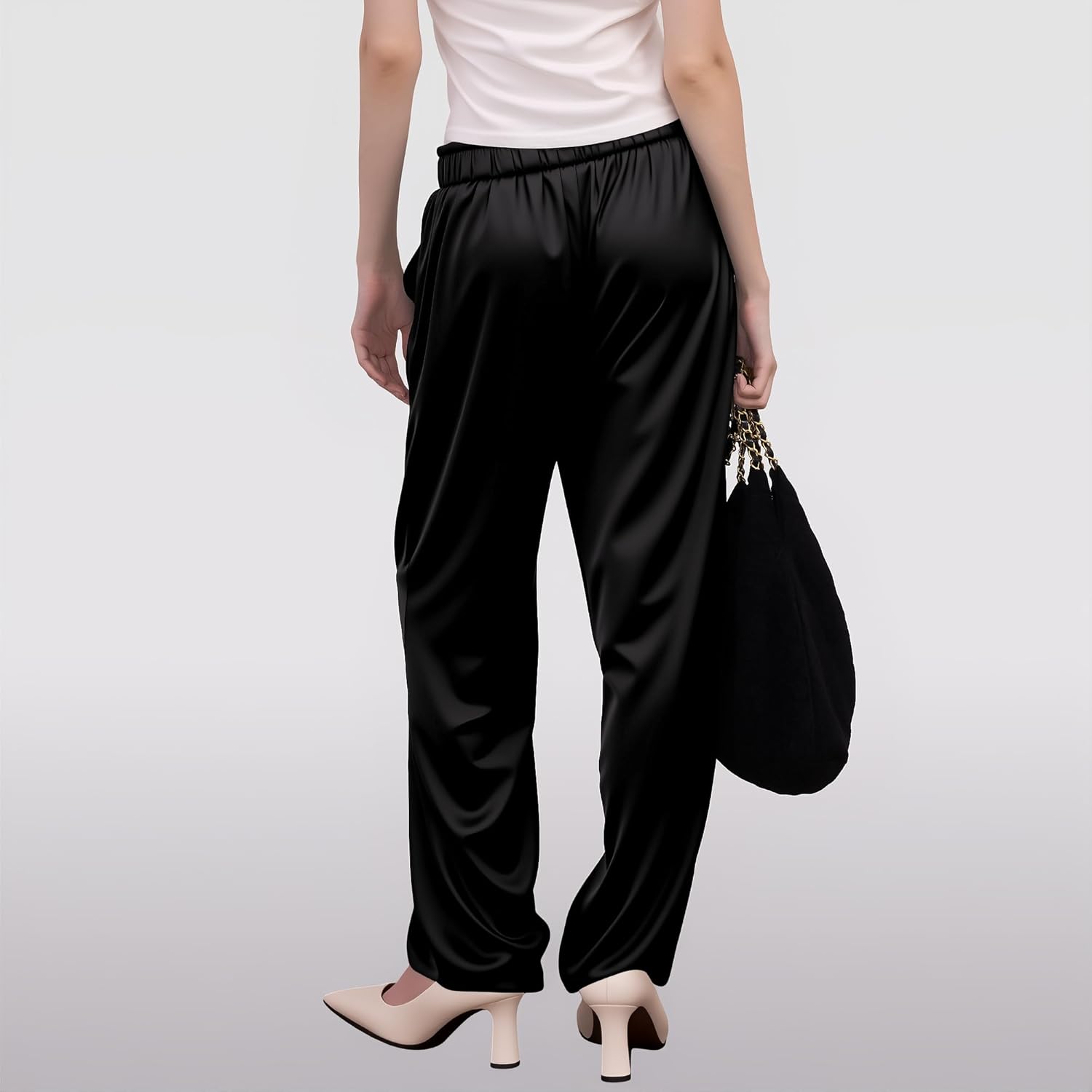 LWQ&ROSE Women's Silky Wide-Leg Pants Lightweight Satin Straight High Waist Straight Trousers with Pockets 2025 Daily Casual Outfits(US, Alpha, Medium, Regular, Regular, Black-Thin Style) - Image 6