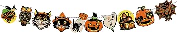 Vintage Halloween Banner with Pumpkin Ghost Witch Cat Bat Designs Retro Halloween Party Decorations for Home, Wall, Fireplace Vintage