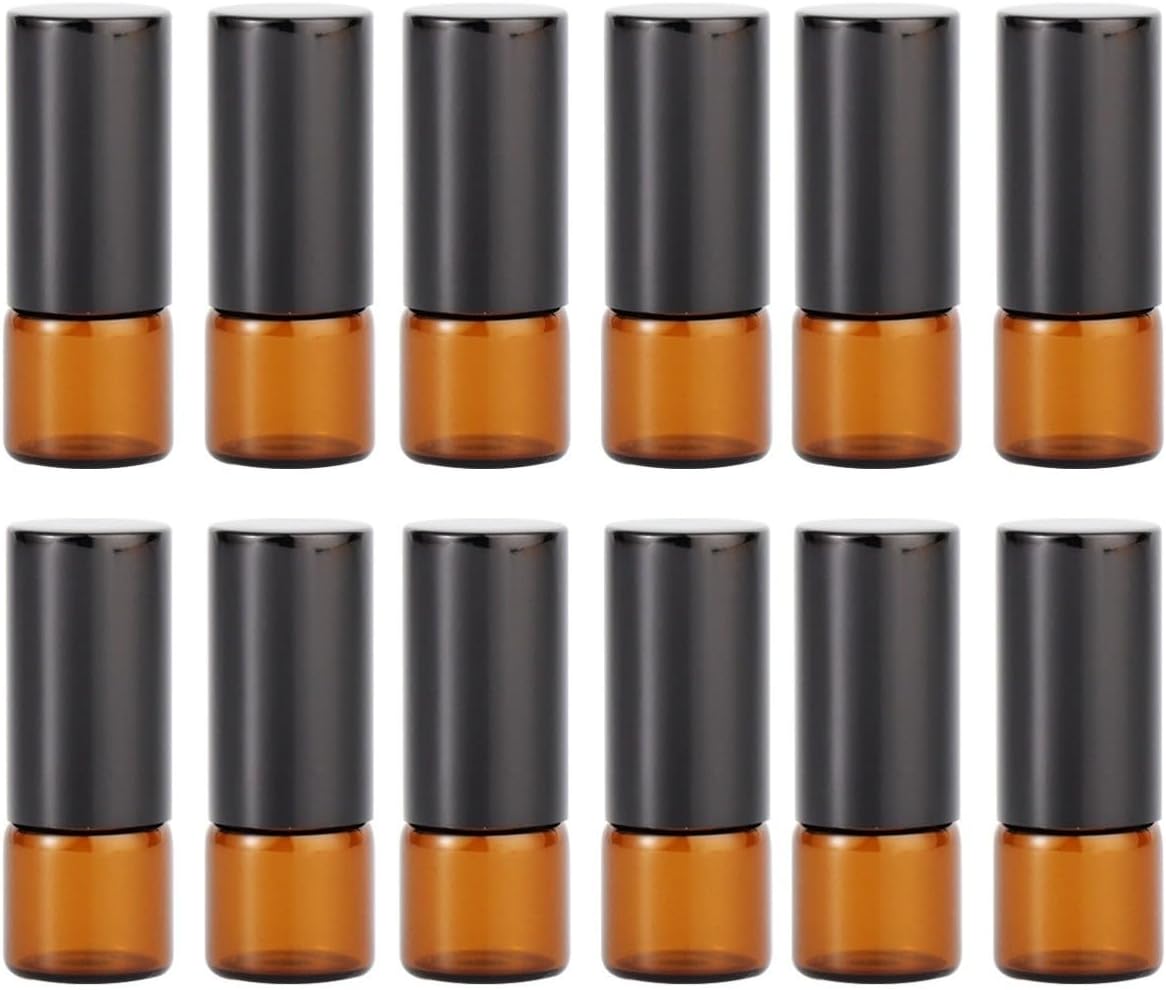 Amber Glass Roller Bottles with Stainless Steel Leakproof Roller Balls 12 Pcs 1ml and Black Caps, Portable Refillable Containers for Essential Oil Blends and Perfume Oils