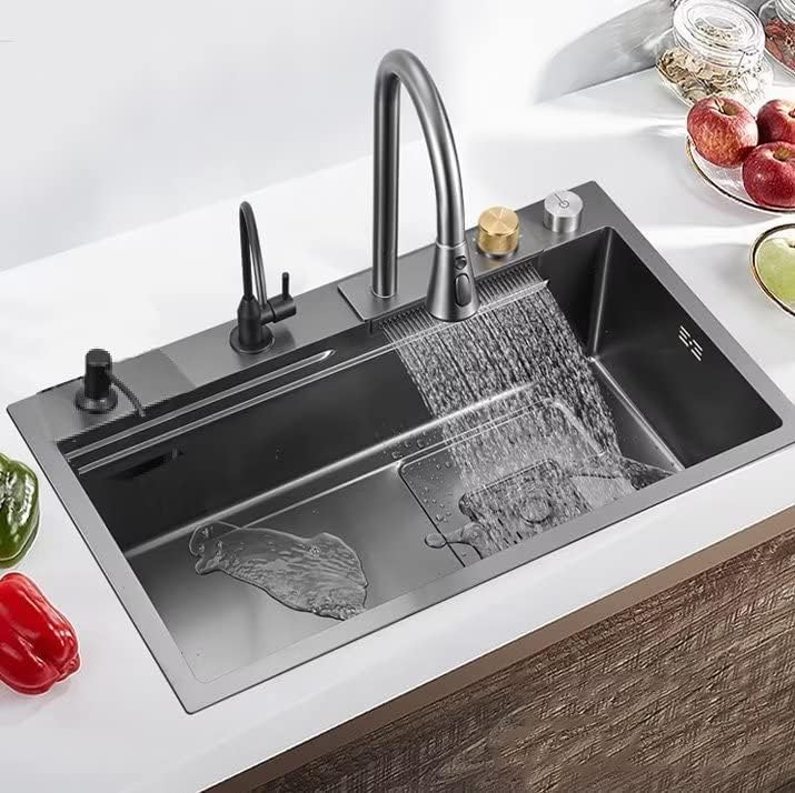HGTRH Modular Kitchen Sink Workstation, Single Bowl Kitchen Sink with Offset Drain, Undermount Kitchen Sink with Waterfall Faucet, Clean Tap and Cutting Board Stainless Steel Sink for Kitchen