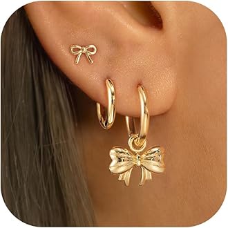 3 Pairs Small Hoop Earring Stacks, 14K Gold/Silver/Black/Rose Gold Plated Pearl Heart Butterfly Bow Star Moon Leaf Diamond Hoop Charm Drop Huggie Earrings Trendy Jewelry Gift for Women