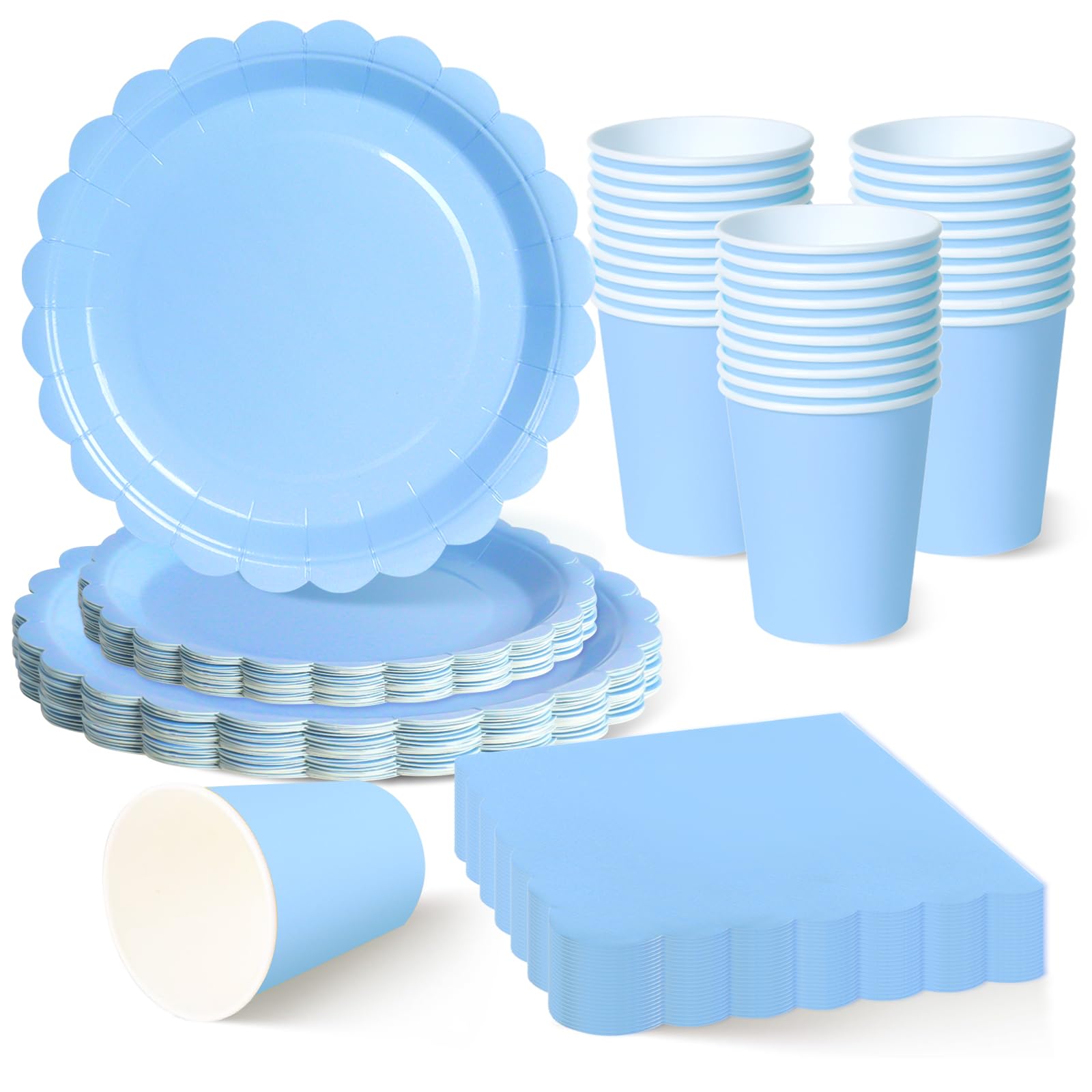 ZblPyro Light Blue Party Tableware Set for 30 Guests | A Set of 120 pcs Includes 9" & 7" Scalloped Paper Plates, Cups & Napkins | Baby Shower for Boy, Pool Party & Summer Celebration
