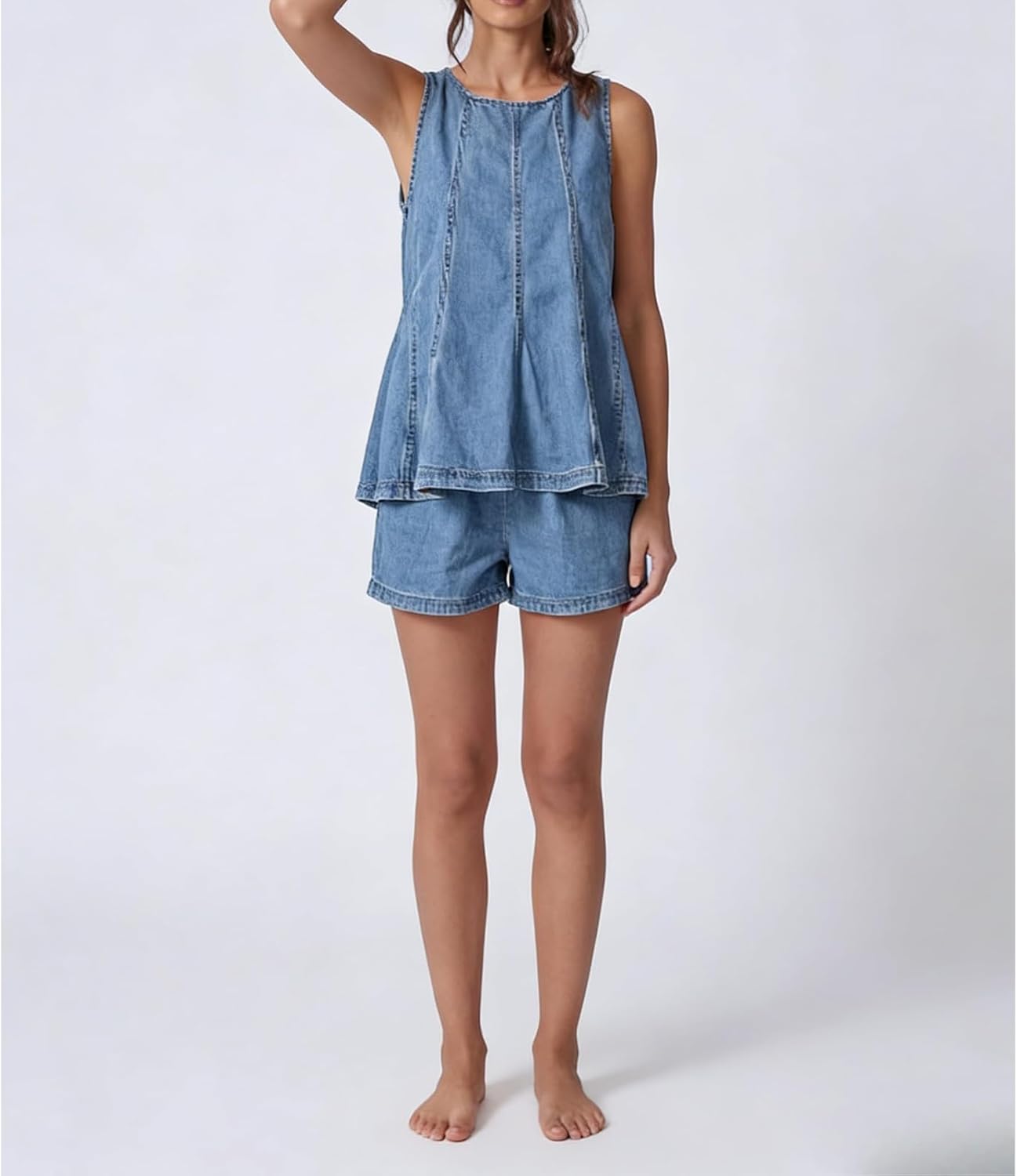 Women’s Denim 2 Piece Outfit Set, Sleeveless Flare Tank Top & High Waisted Pull-On Shorts with Pockets, Summer