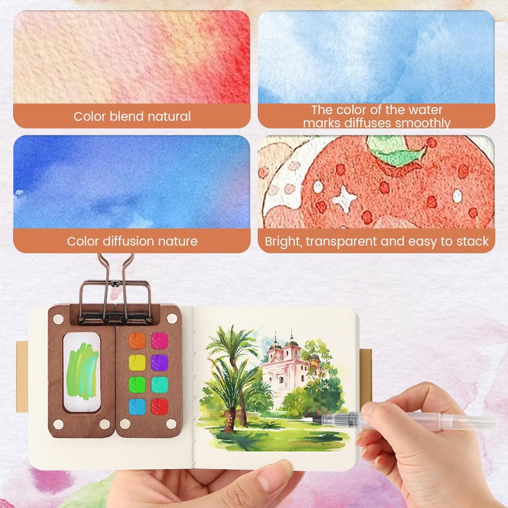 Mini Watercolor Paint Palette Set,Travel Watercolor Kit- 12 Color Paint with 8-Wooden Grid Palette,Mini Sketchbook & Brushes,Paint Palette Travel Kit for Students, Beginners
