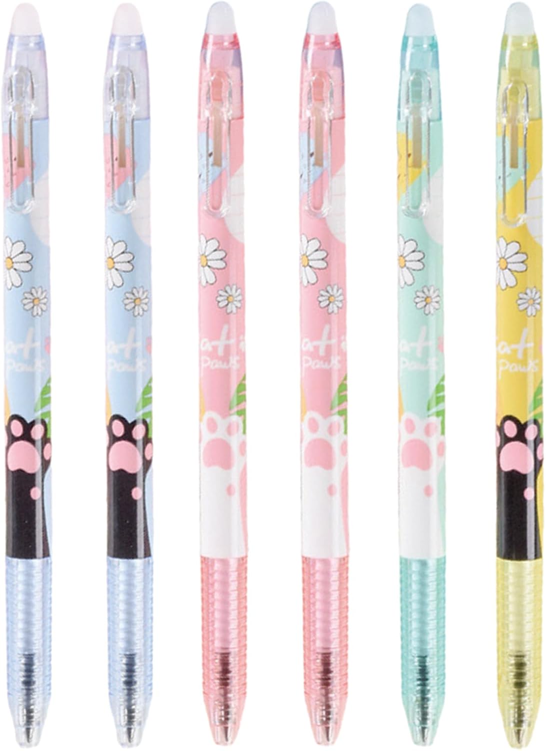 MOZXIRZ 6 Pcs Erasable Gel Pens Cute Erasable Retractable Pens Cartoon Cat Paw Pen 0.5mm Blue Ink Writing Pen for Women Girls Boys Pens Office School Supplies (Cat Paw-Blue Ink)