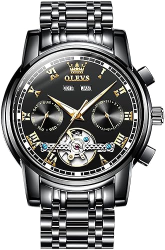 OLEVS Reloj de lujo mecánico automático para hombre, impermeable, cuerda automática, fase lunar, fecha, cronógrafo, acero inoxidable, luminoso,