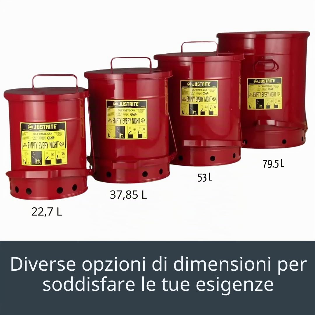 Justrite Tanica di sicurezza per rifiuti oleosi in acciaio zincato 09100, con leva a pedale, capacità 20 l, diametro esterno 28 cm x 30,3 cm, colore rosso