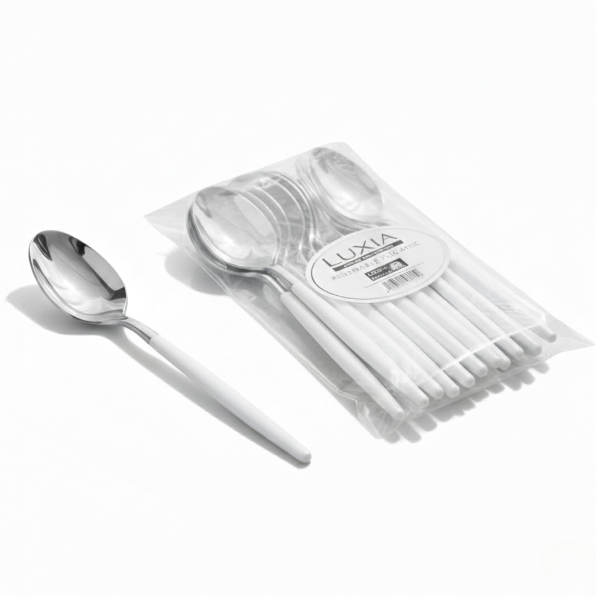 Playlearn Luxia Reusable White Silver Plastic Spoon, 20pcs Bulk Pack Durable Elegant Cutlery, Durable Dinnerware for Weddings, Catered Events