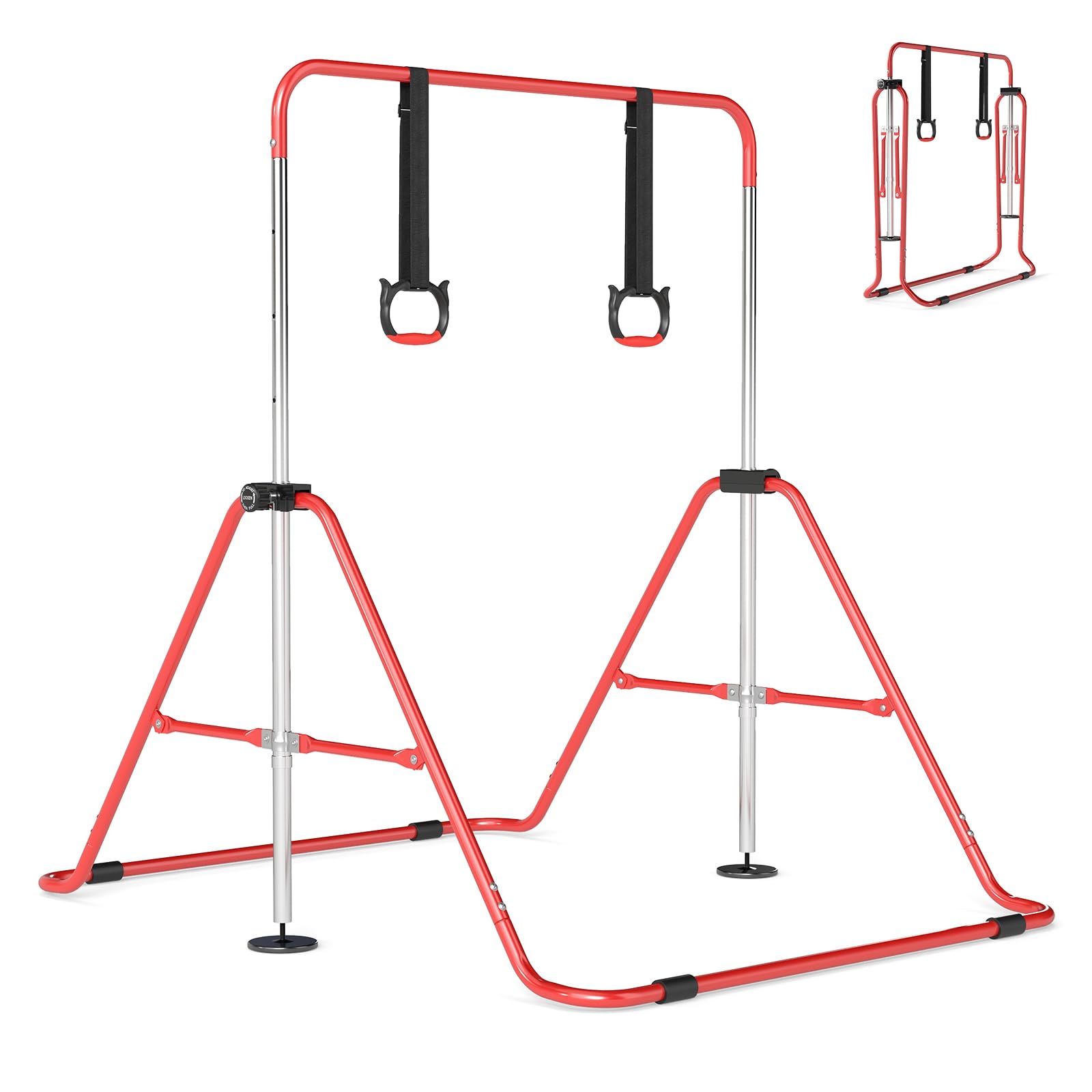 COSTWAY Folding Gymnastics Bar, Height Adjustable Horizontal Kip Bars with Anti-slip Base, Expandable Training Monkey Bar Home Equipment for Kids Juniors (with Gymnastic Rings, Red)