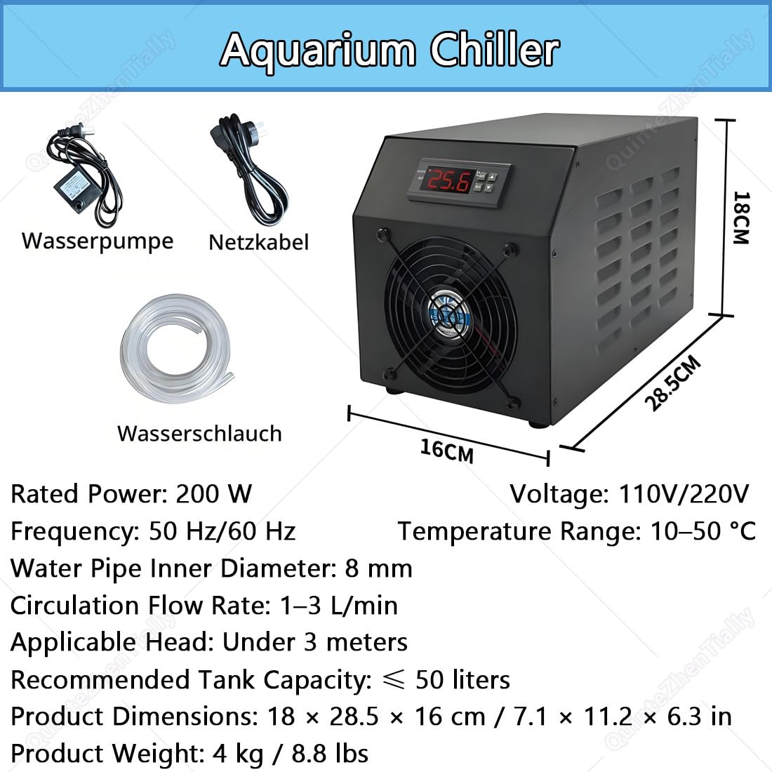 Aquariumkühler 60l mit Pumpe & Schlauch,200w,Schwarz WarmCool