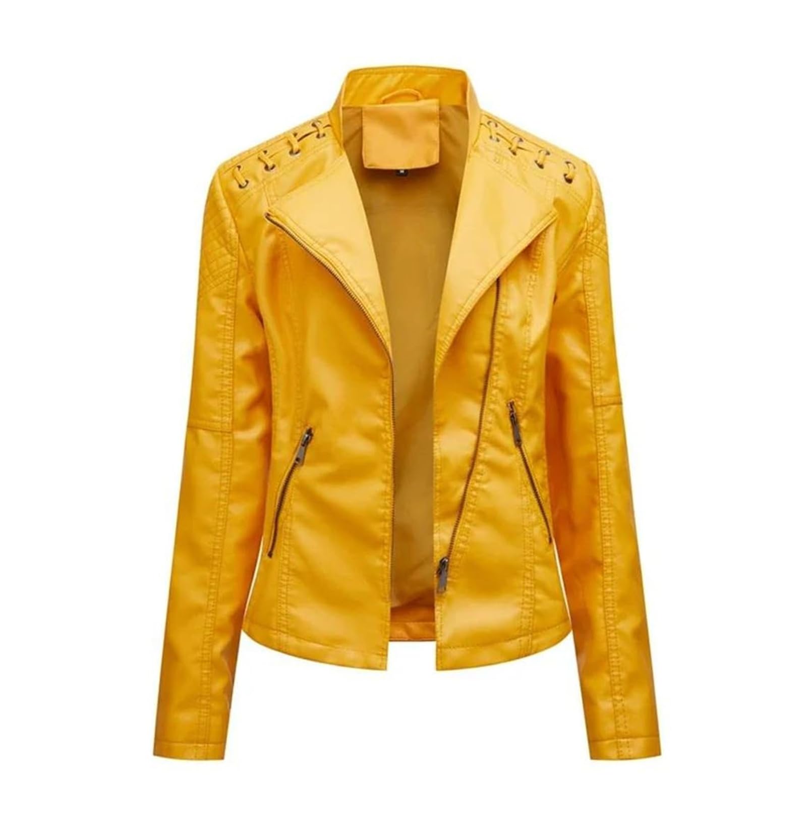 Chaqueta de piel sintética para mujer, con cremallera y cuello de solapa, chaqueta de motociclista con costuras