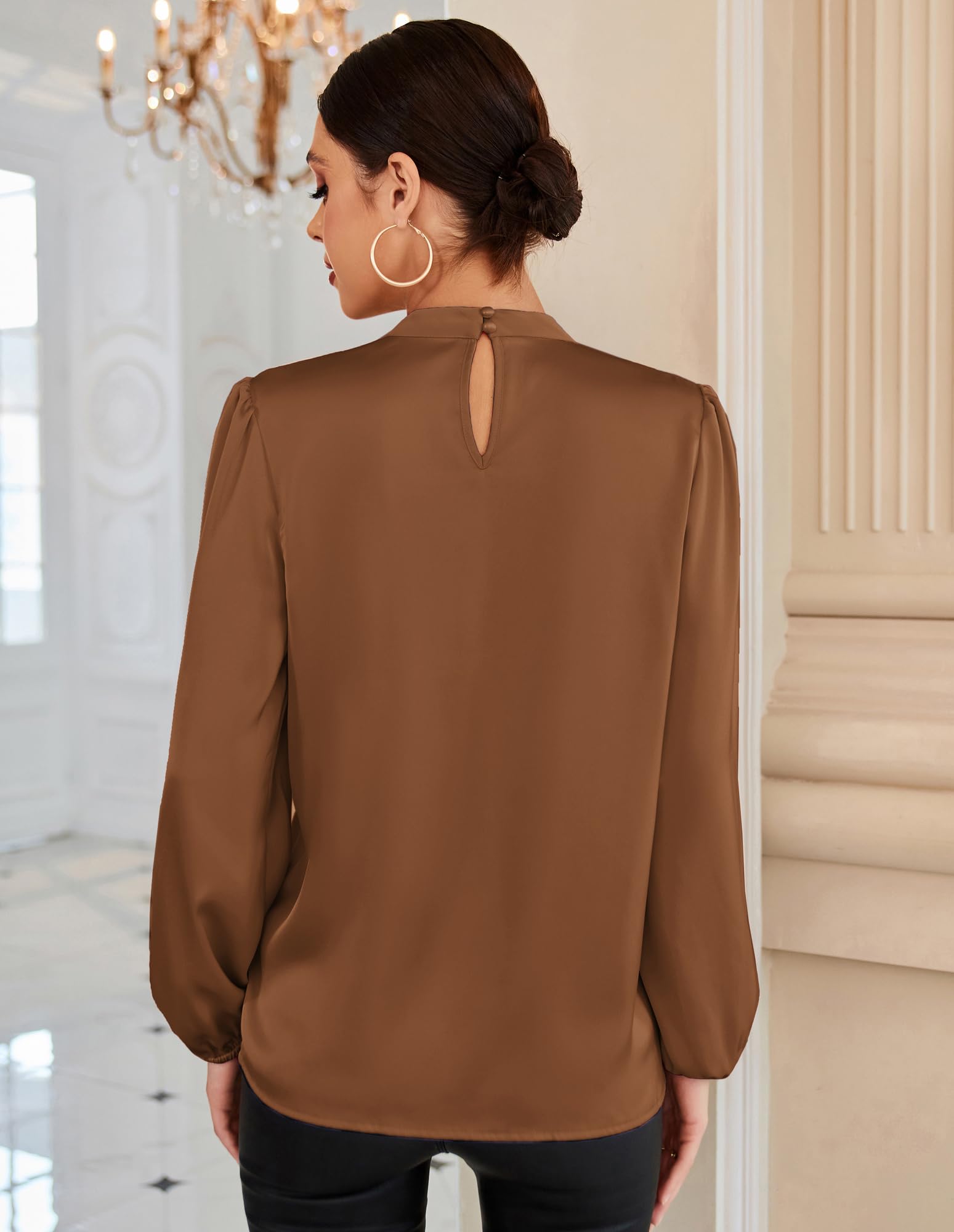 GRACE KARIN Haut décontracté à manches longues pour femme avec nœud papillon, marron foncé, L