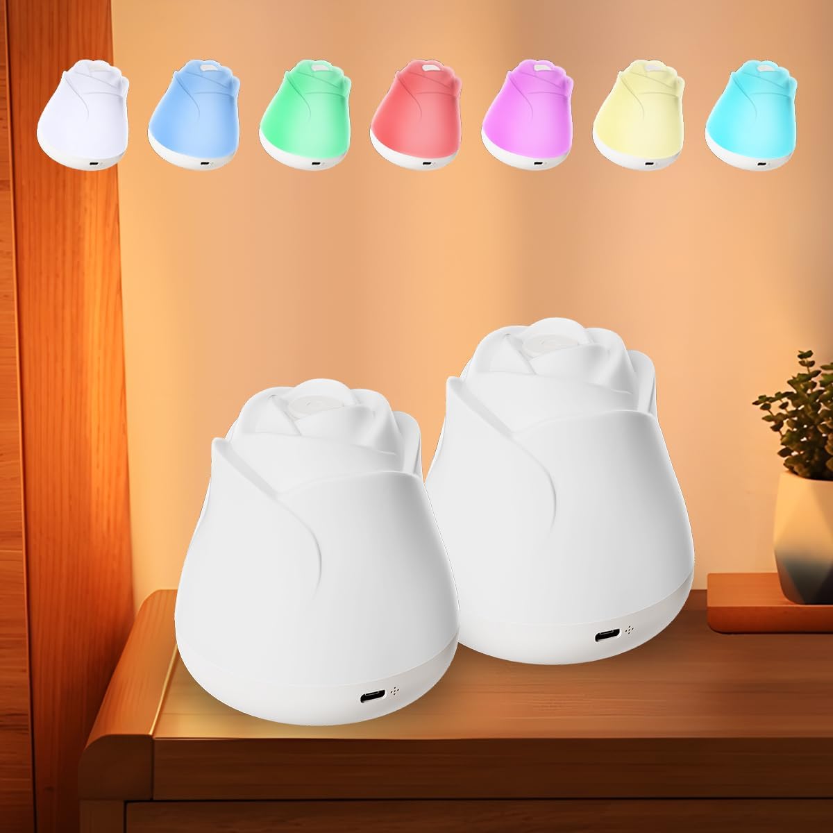 Rose Night Light for Bedroom, Touch Control LED Bedside Lamp, 7 RGB Colors, Portable Table Lights Gift for Men Women Teens Kids Children Sleeping Aid(2 Pack)