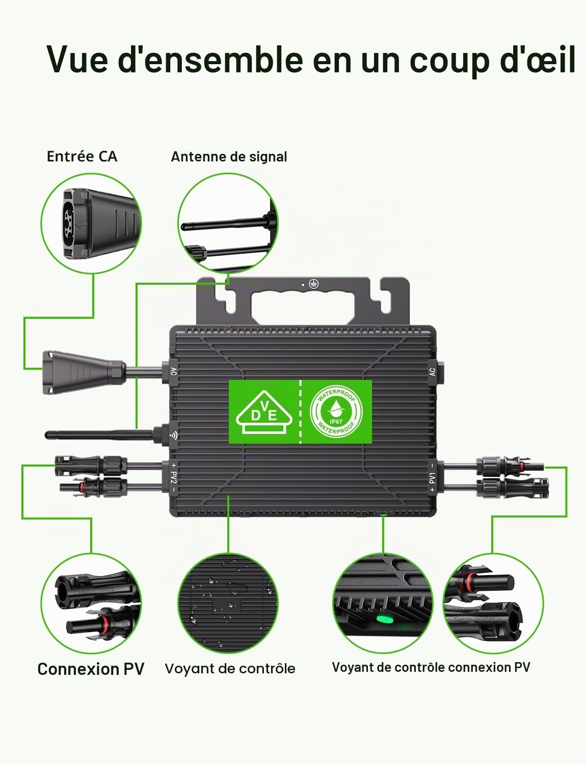 Micro Onduleur 800W, Micro Onduleur Solaire Balcon avec WiFi, Onduleur avec Câble CA de 5 Mètres, Onduleur Solaire Peut être connecté à 2 Panneaux solaires de 400 W, IP67