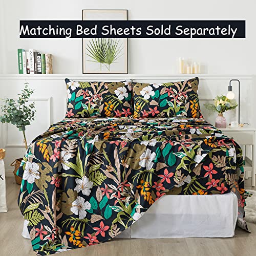 Fadfay Floral Bedding Set 100% Cotton Dark Flower Duvet Covers Queen Size Soft Black & Red Botanical Palm Tree Leaf Comforter Cover Tropical Hawaii Home Girls Bed Sets Zipper Corner Ties 3 Pieces #TOP5