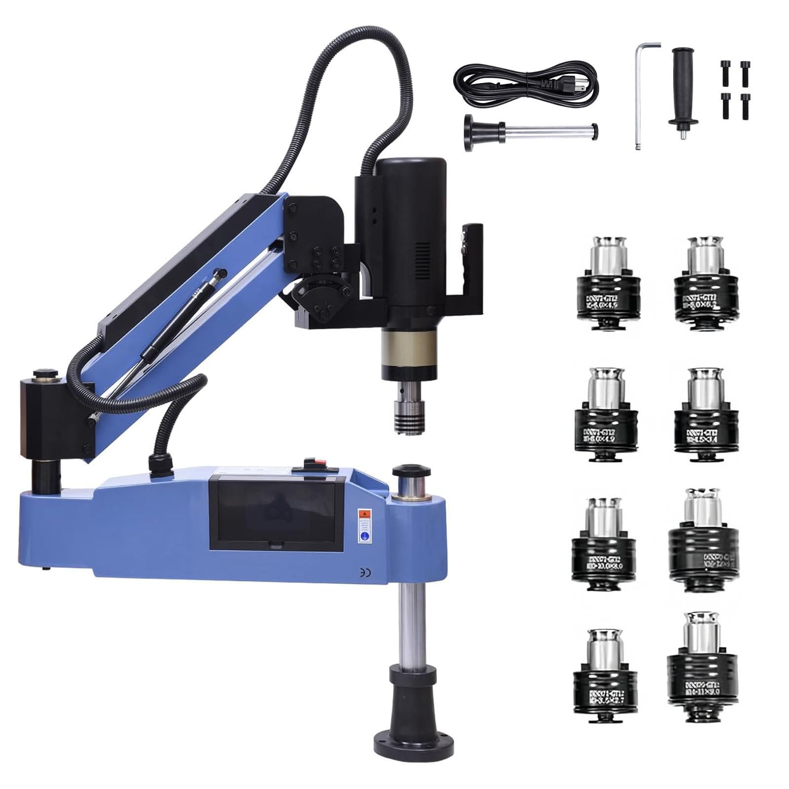 Máquina de roscar eléctrica M3-M16, Brazo de roscar Universal con Brazo Flexible de 1200 mm y 375 RPM, Incluye 8 Pinzas estándar ANSI.
