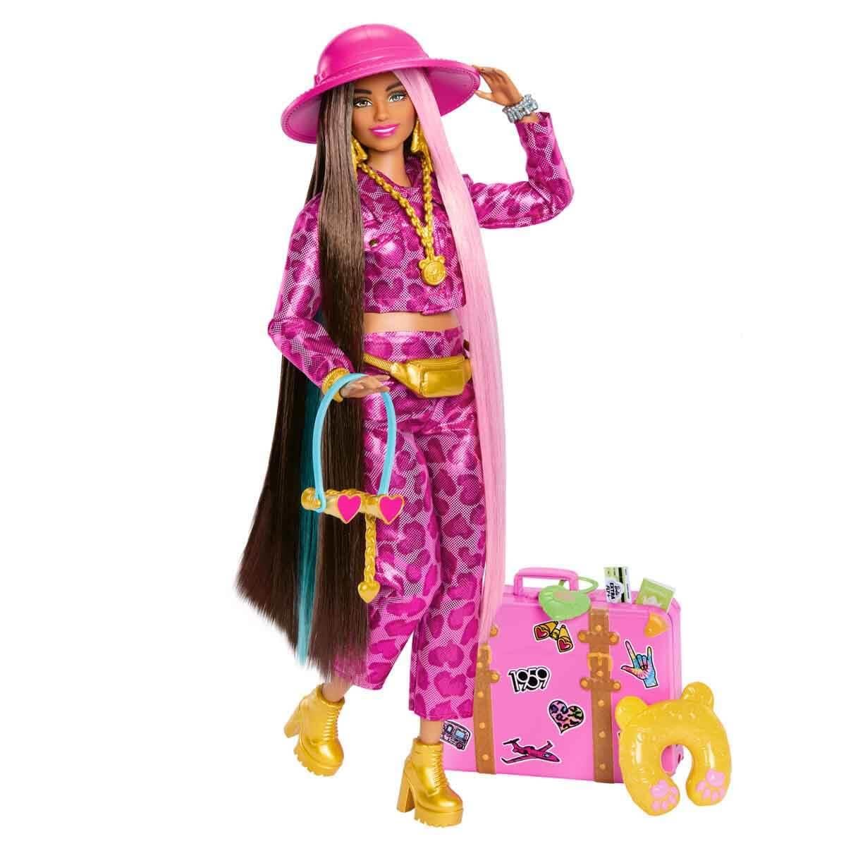 Barbie Extra Fly Lalka Safari w podróży z ubrankami na safari, strój ze zwierzęcym nadrukiem i walizka HPT48