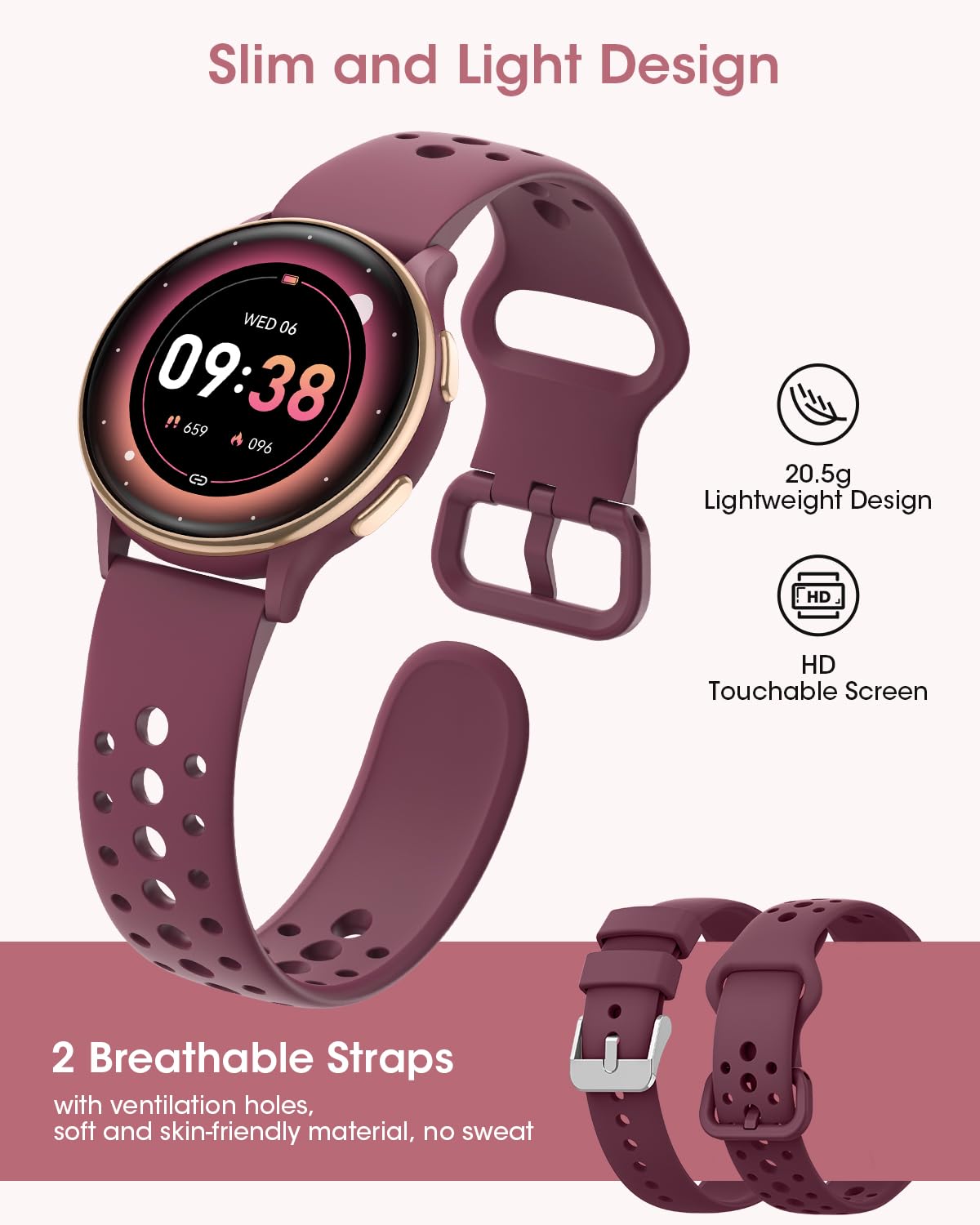 HASAKEI Smartwatch Donna, 1.27" Orologio Smartwatch con Chiamate Bluetooth 2 Cinturini 400+ Quadranti, Monitor del Periodo/Sonno/Indice UV, 70+ Sport IP68 Impermeabile Smart Watch iOS Android Borgogna