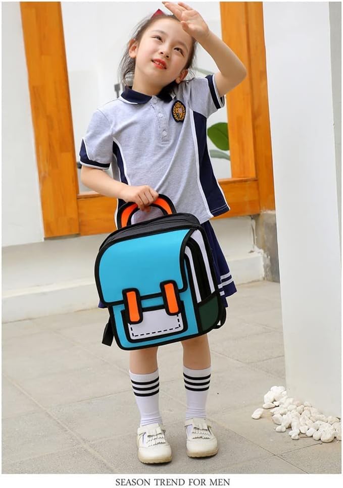 Miniatura 4 de 3D Jump Style Kawaii Mochila Sketch Lindo Dibujo de dibujos animados 2D Dibujo de papel cómico Anime Suministros escolares Fun Daypack, Azulclaro,