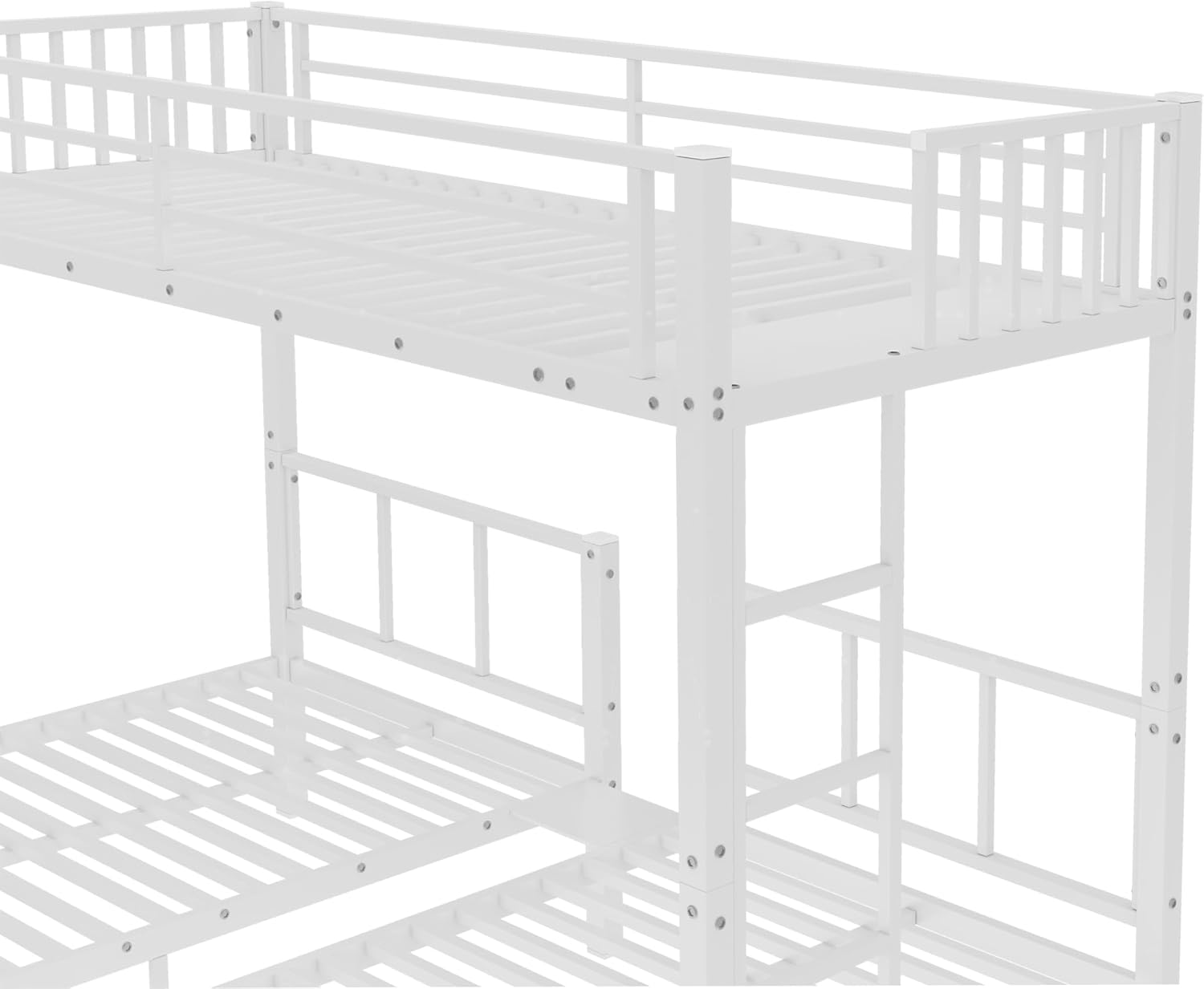 Twin Over Twin & Twin L-Shaped Triple Bunk Bed Frame with Guardrails & Shelf, Convertible to 3 Separate Twin Beds, Sturdy Metal Construction (White/M2)
