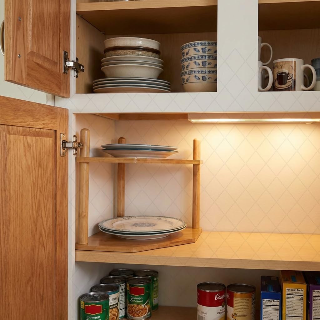 2 Pack 2-Tier Expandable Bamboo Corner Shelf - Dish/Plate Organizer for Cabinet, Kitchen Counter Shelf & Small Kitchen Shelf, Adjustable(2, 6.7" H)