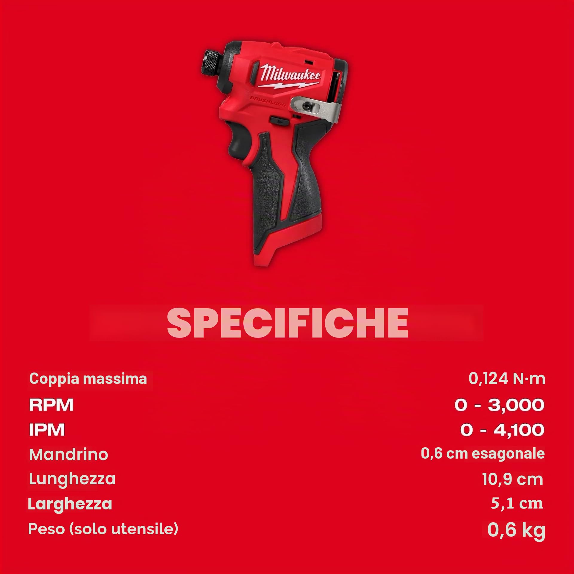Milwaukee M12 Subcompact Brushless 1/4 Inch Hex Impact Driver (strumento nudo)