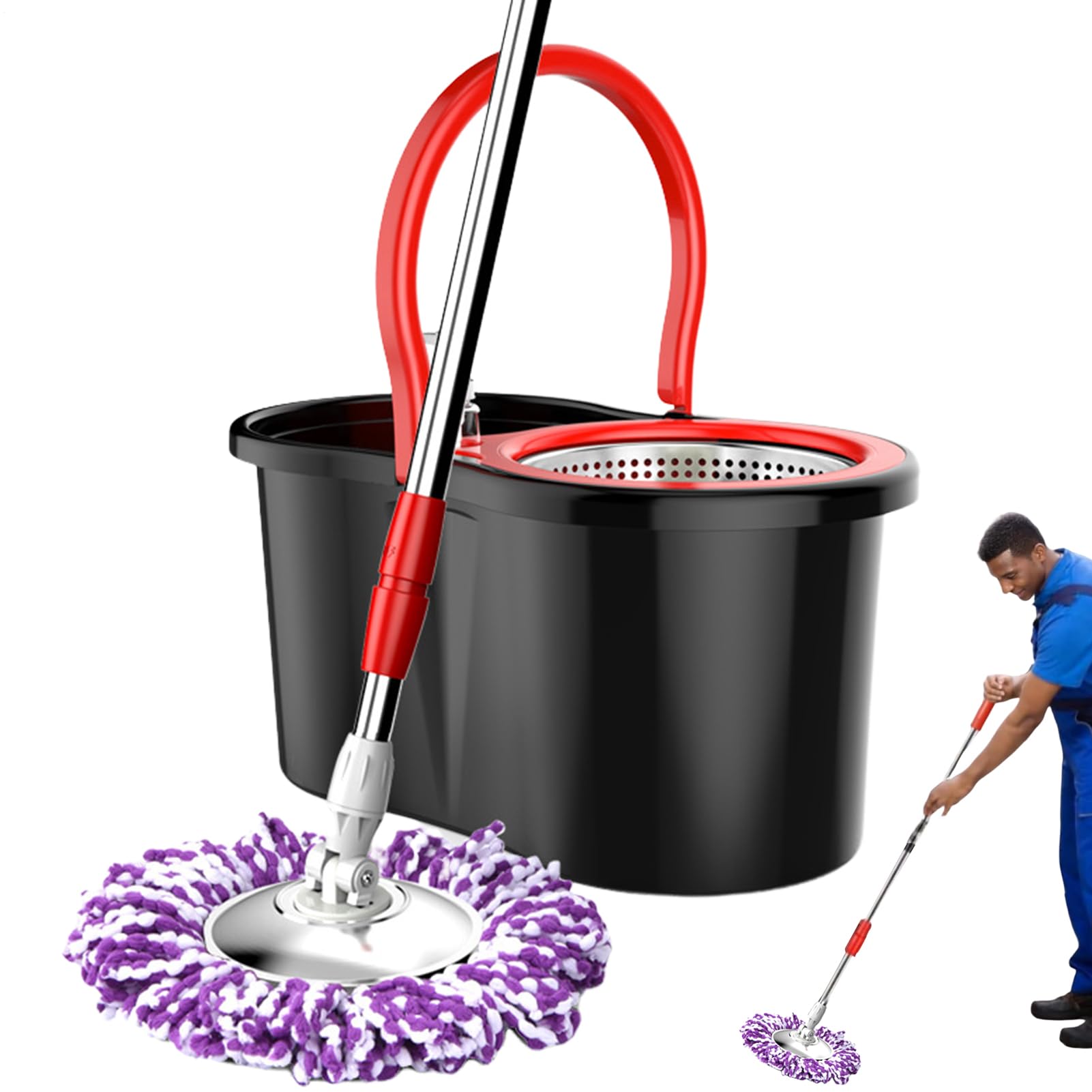 Juego De Fregona Giratoria - Cubo para Trapeador con Escurridor | Kit De Cubo De Fregona Giratorio De 360° con 2 Cabezales De Repuesto para En Salas De Estar, Cocinas Y Oficinas