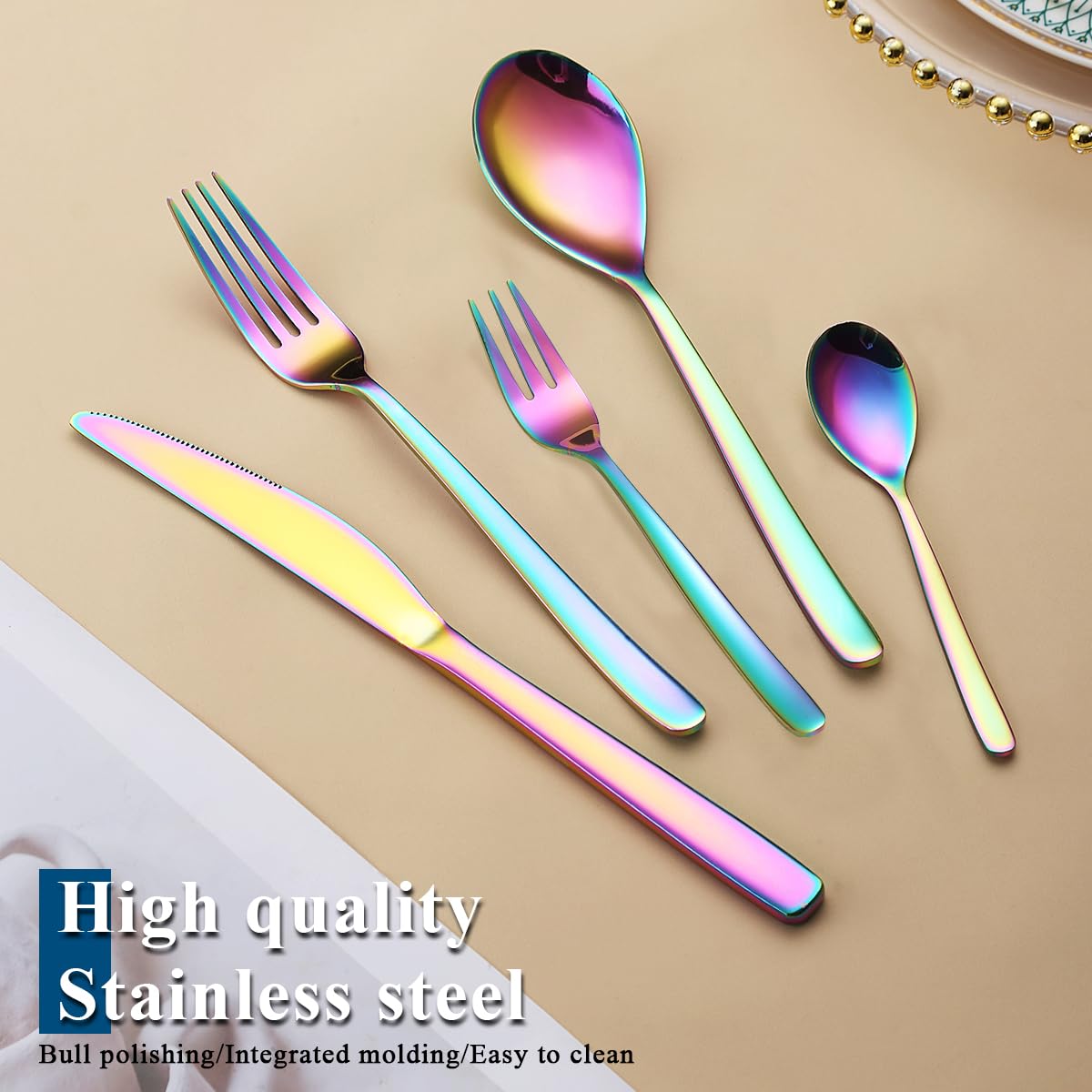 Service de couverts 60pièces pour 12 personnes, ReaNea service de couverts arcenciel, cuillères de table, fourchettes de table, cuillères à thé, des fourchettes à salade, lavable au lave-vaisselle.
