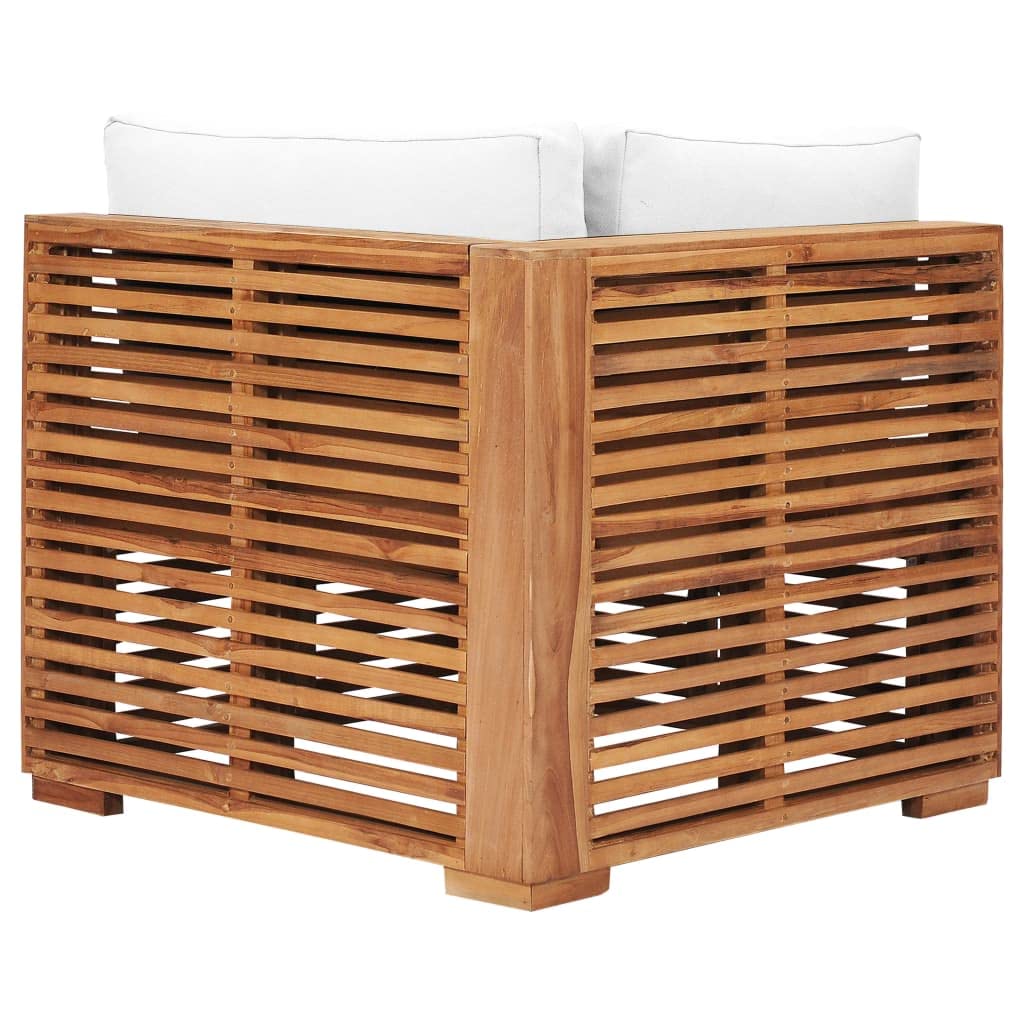 Divano da giardino angolare con cuscino bianco crema in legno massello teak per giardino, terrazza, balcone, mobili da esterno durevole con cuscino imbottito, set di divano in legno resistente