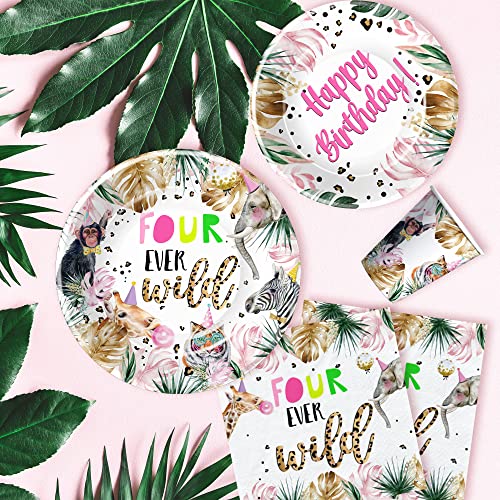 Apowbls Safari Jungle Animal 4Th Birthday Party Supplies - Four Ever Wild Birthday Decorations Girl, Plates, Cups, Napkins, 4-Year-Old Birthday Party Supplies For Jungle Party Decorations | Serves 24 #TOP6