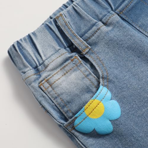 Girls' Casual Denim Pants Elastic High Waist Flare Floral Print Jeans4