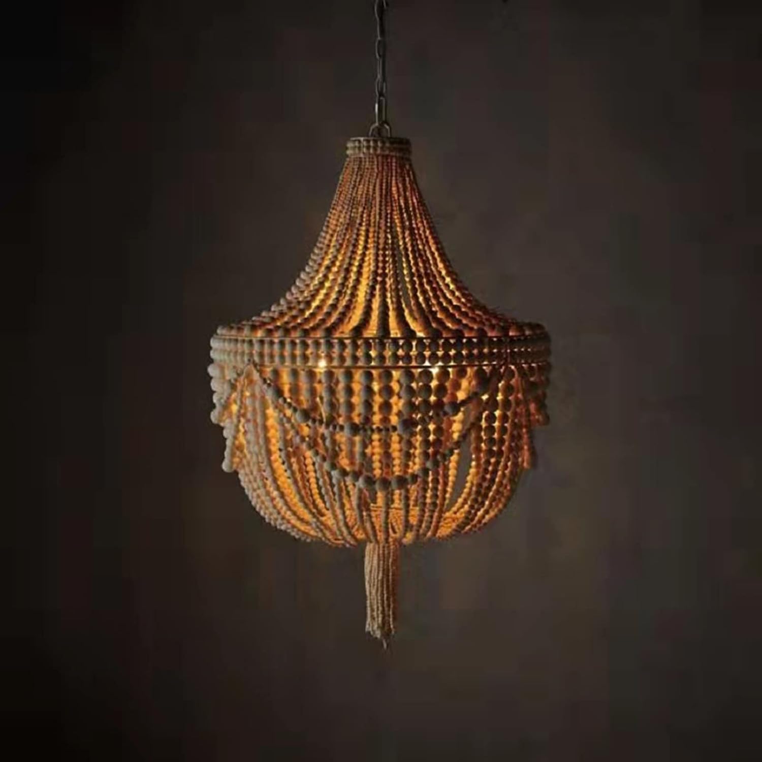 Demeanor LED Chandeliers, Retro Chandelier, French Pastoral Bohemian Wood Bead Pendent, Wrought Iron Industrial Style Candle Light,for Bedroom, Entryway, Dining Room, Girls Room, Foyer